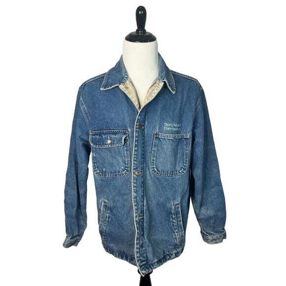 Vintage 90s Sony Music Distribution Embroidered Denim Chore Jacket Mens L Large - Picture 1 of 8